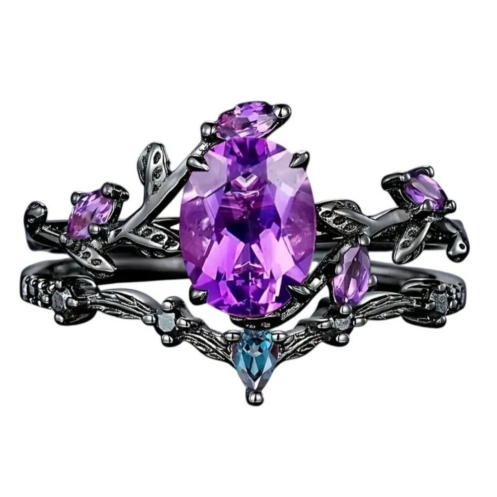 Oval Shape Amethyst Black Engagement Wedding Ring Set In Rhodium black plating